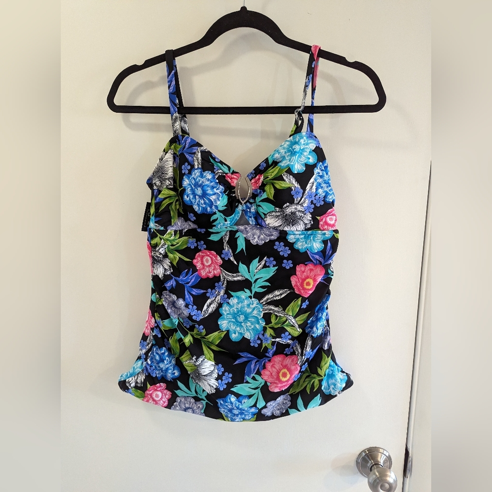 Swim Solutions black & floral tankini top, size 12. NWT